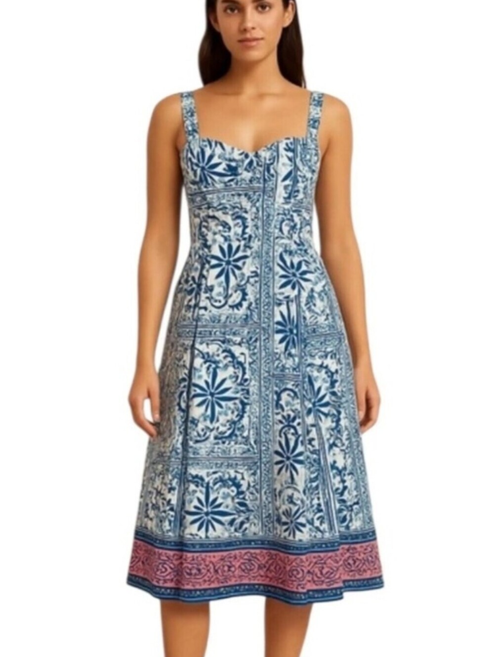 Avec Les Filles Sleeveless Blue Palm Block Tile Sweetheart Neck Midi Dress 14